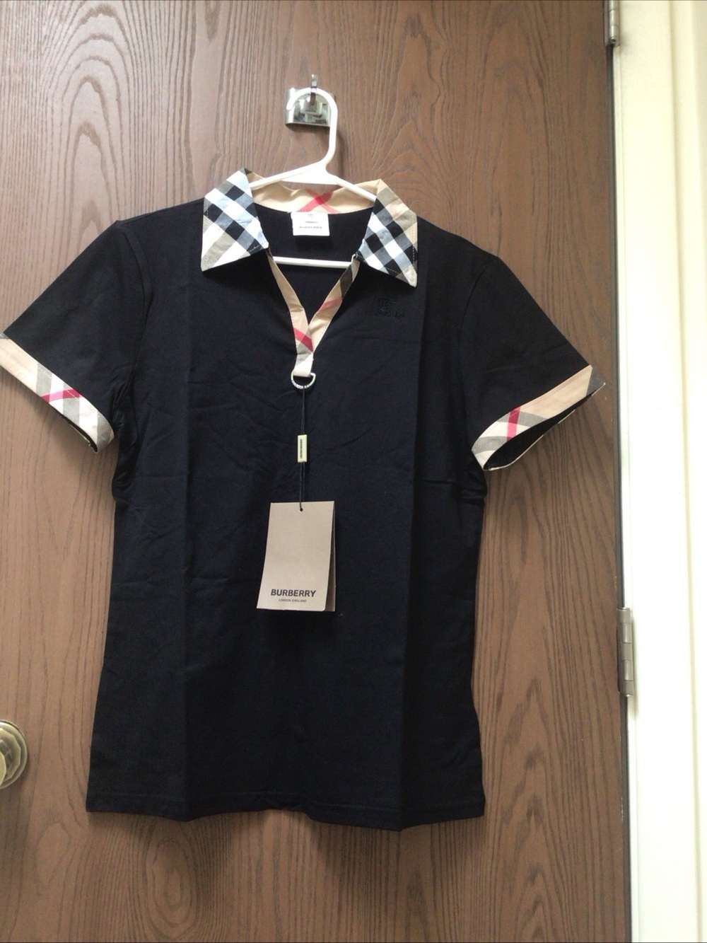 NWT Burberry London Black Polo top women, Nova Check trim, slim fit, sz 2XL
